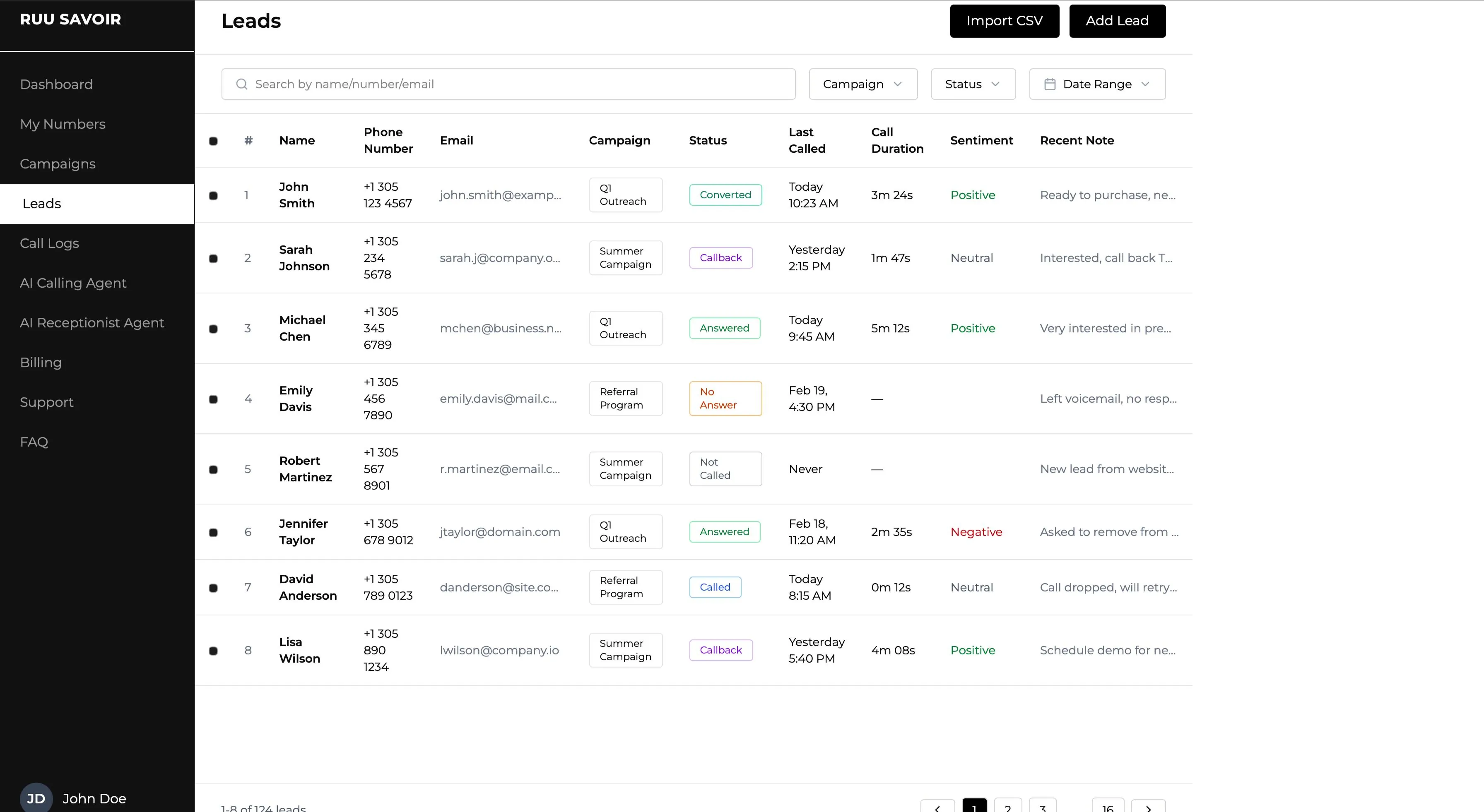RUU recordings transcripts and call outcomes dashboard preview
